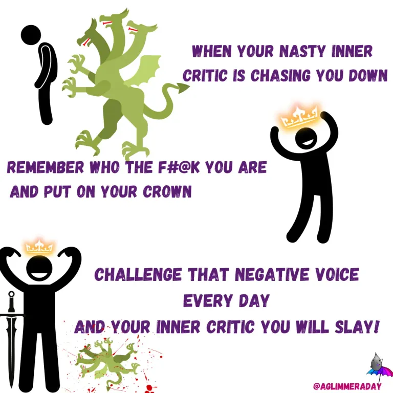 When your nasty inner critic is chasing you down, remember who the f#@k you are and put on your crown. Challenge that negative voice every day and your inner critic you will slay!